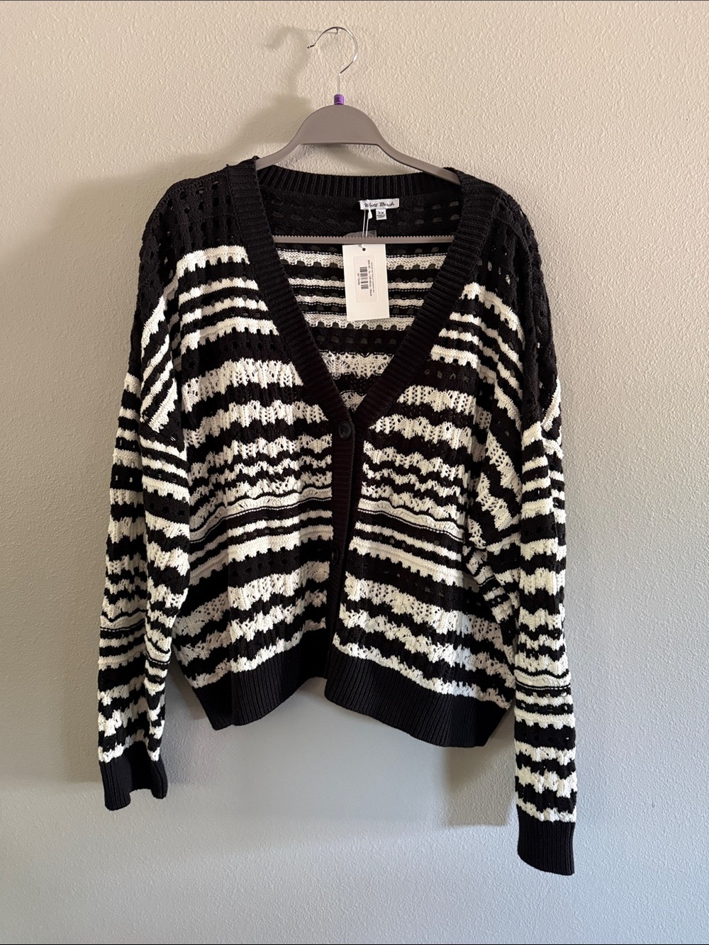 white birch Black and White Striped Open-Knit Cardigan